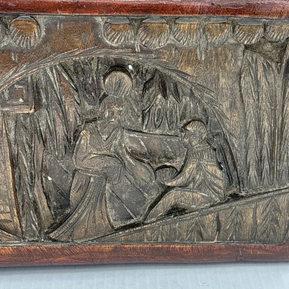 Vintage Carved Wood Jewelry Box Scene On Lid